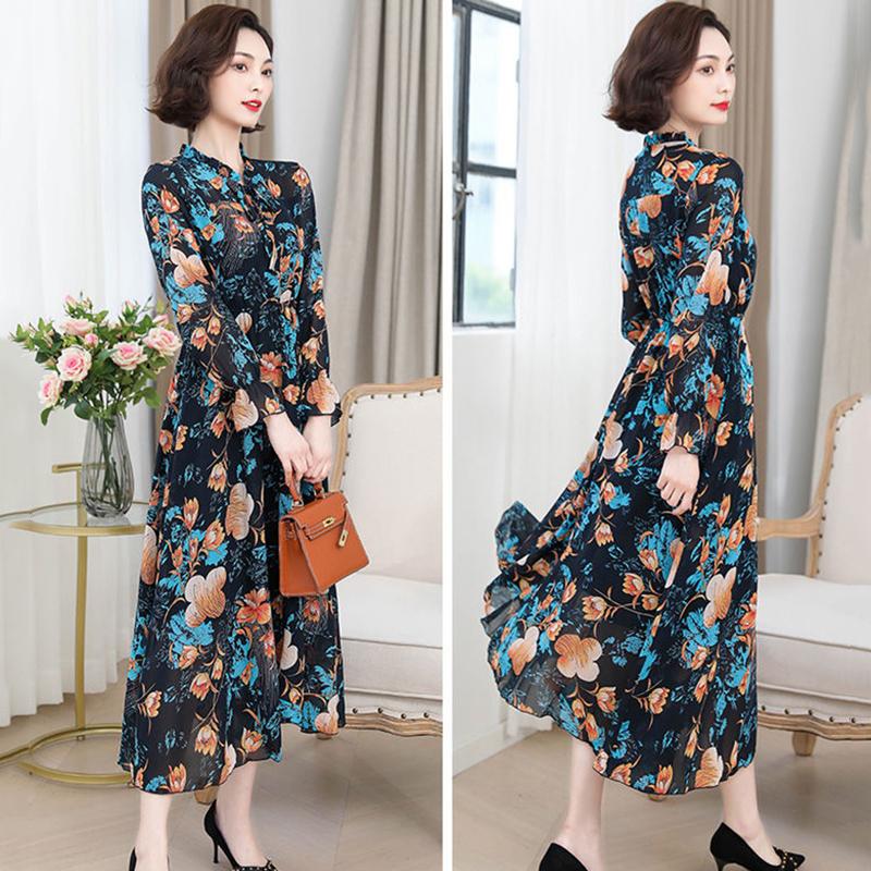 Damen Frühling Sommer und Herbst Vier Jahreszeiten Modelle Slim Dünn Temperament Rüschenkragen Chiffon Druckkleid Langarmkleider