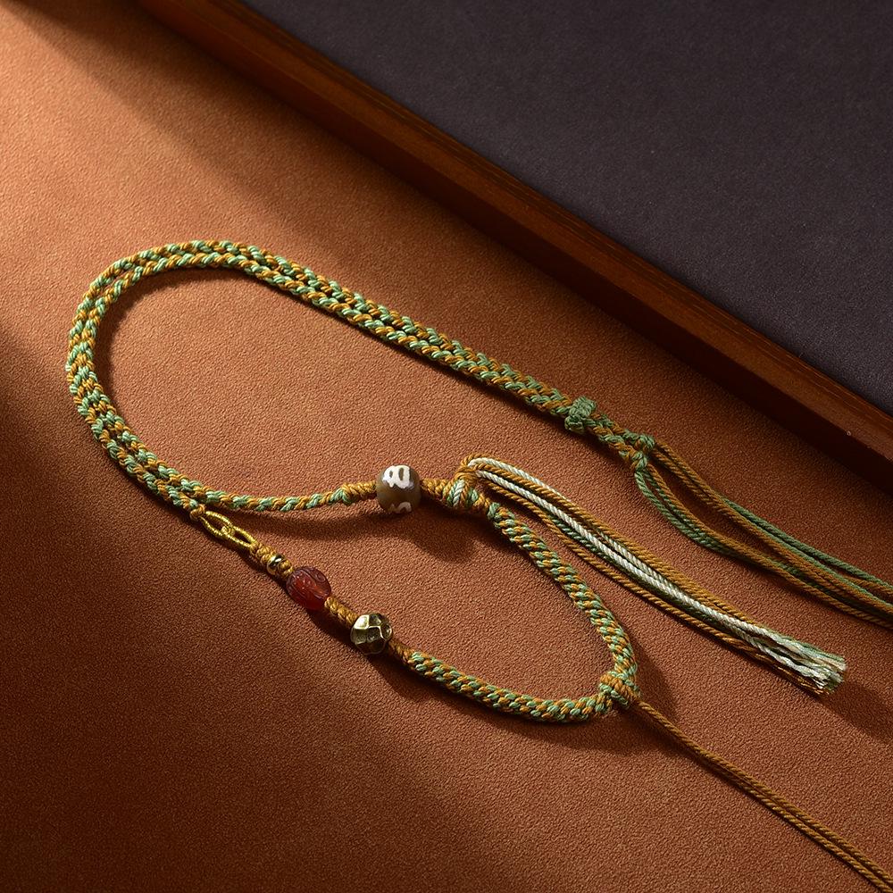 Tibetan Handmade Adjustable Dzi Bead Amulet Necklace with Thangka Pendant and Wax Amber Jade.