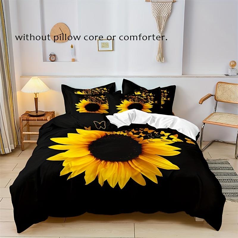 3pcs Fashion Duvet Cover Set, Sunflower Print Bedding Set With Zipper Closure, Soft Comfortable Duvet Cover