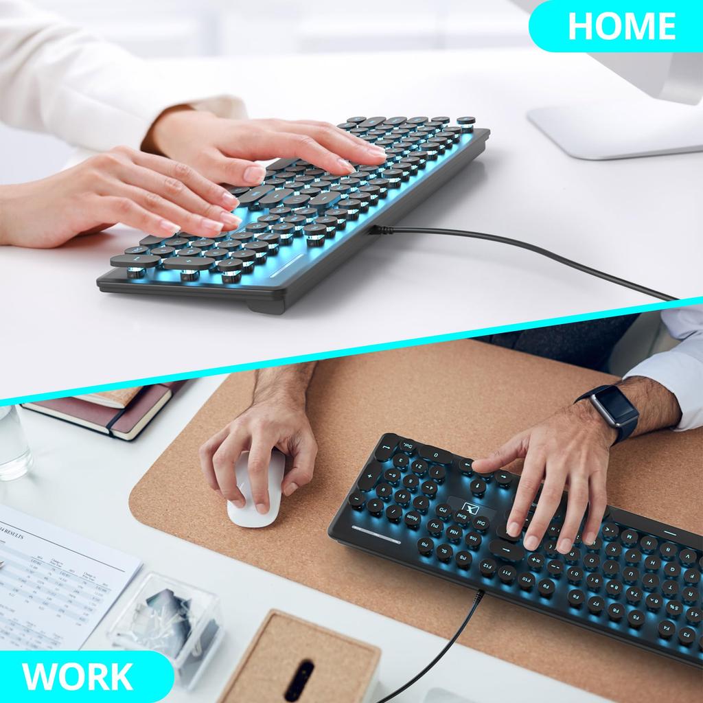 Wired Quiet Membrane Retro Punk Typewriter Green LED USB Gaming Keyboard with ABS Round Keycaps for Keyboard, Full-Size 104-Key Backlit, Ultra-Slim