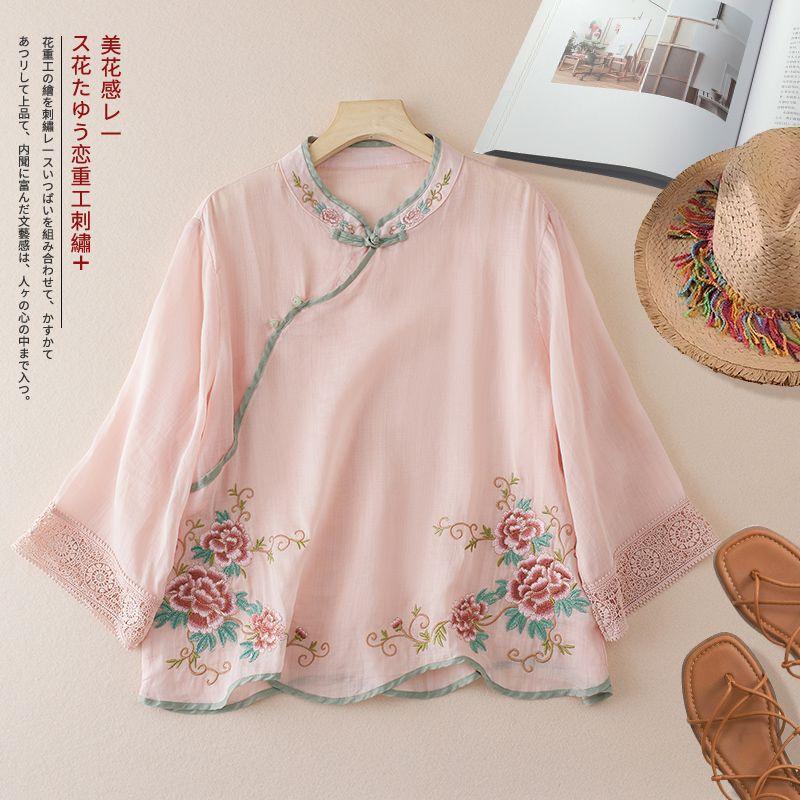 

Summer new cotton and linen new retro embroidery crochet short-sleeved ethnic literary and artistic disc-buckle stand-up collar medium-sleeved top M рожевий