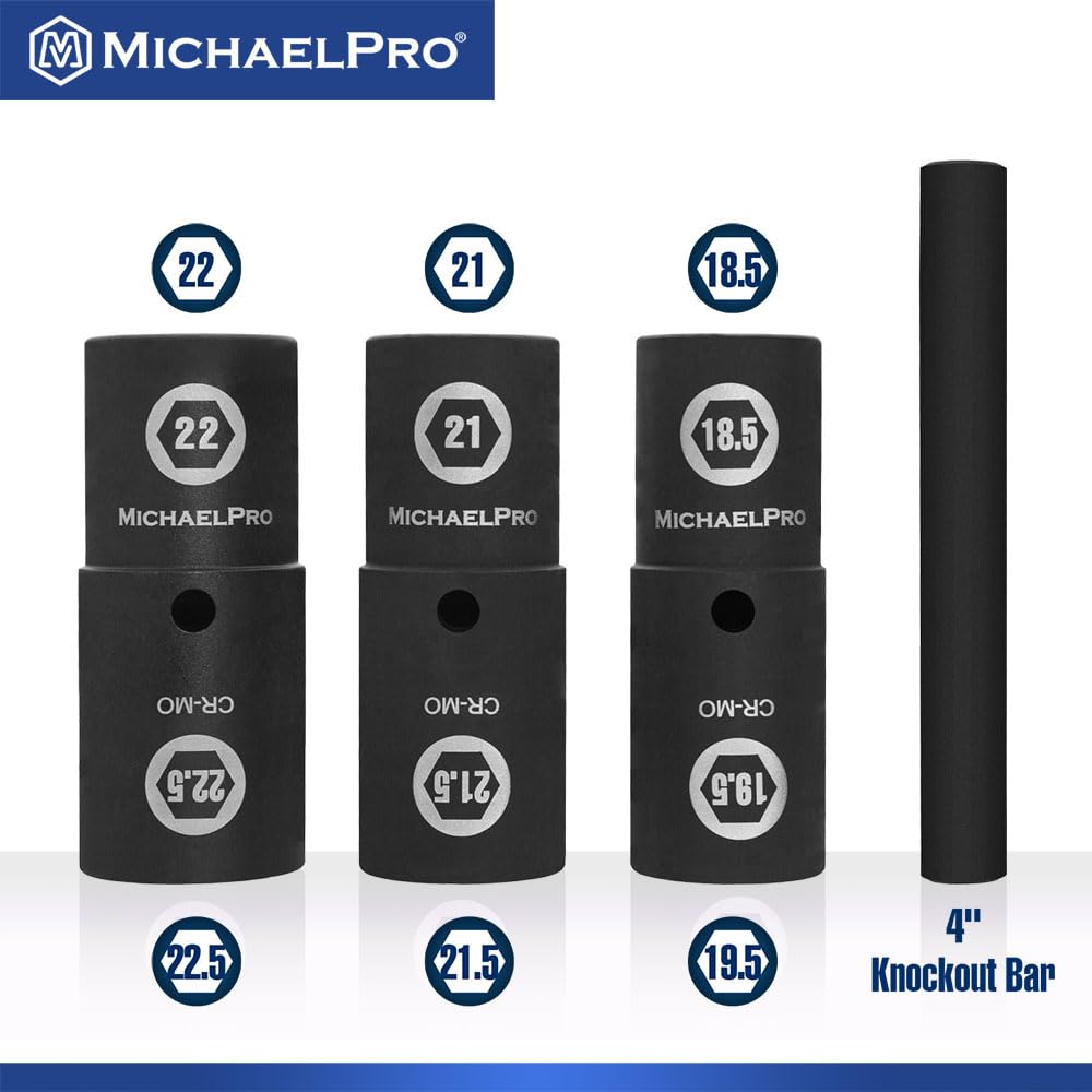 MichaelPro MP005042 Drive Impact Flip Lug Nut Socket Half Lifetime with Knockout Bar 4-Piece 1/2-Inch Thin-Wall Set, Size, Chrome-Moly Steel, Use,