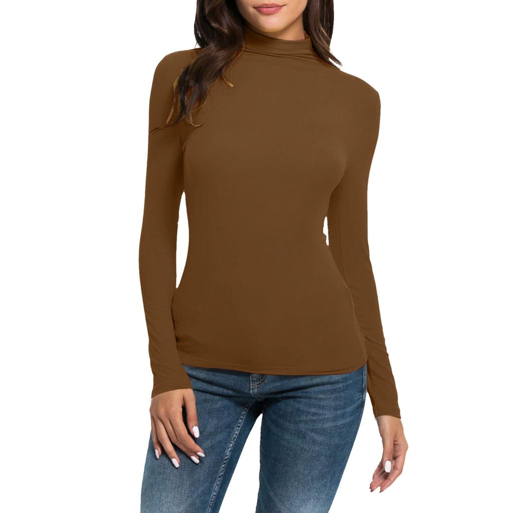 Women's Fashion Slim-Fit Stretch Base Layer Top Solid Colour Long-Sleeved Blouse