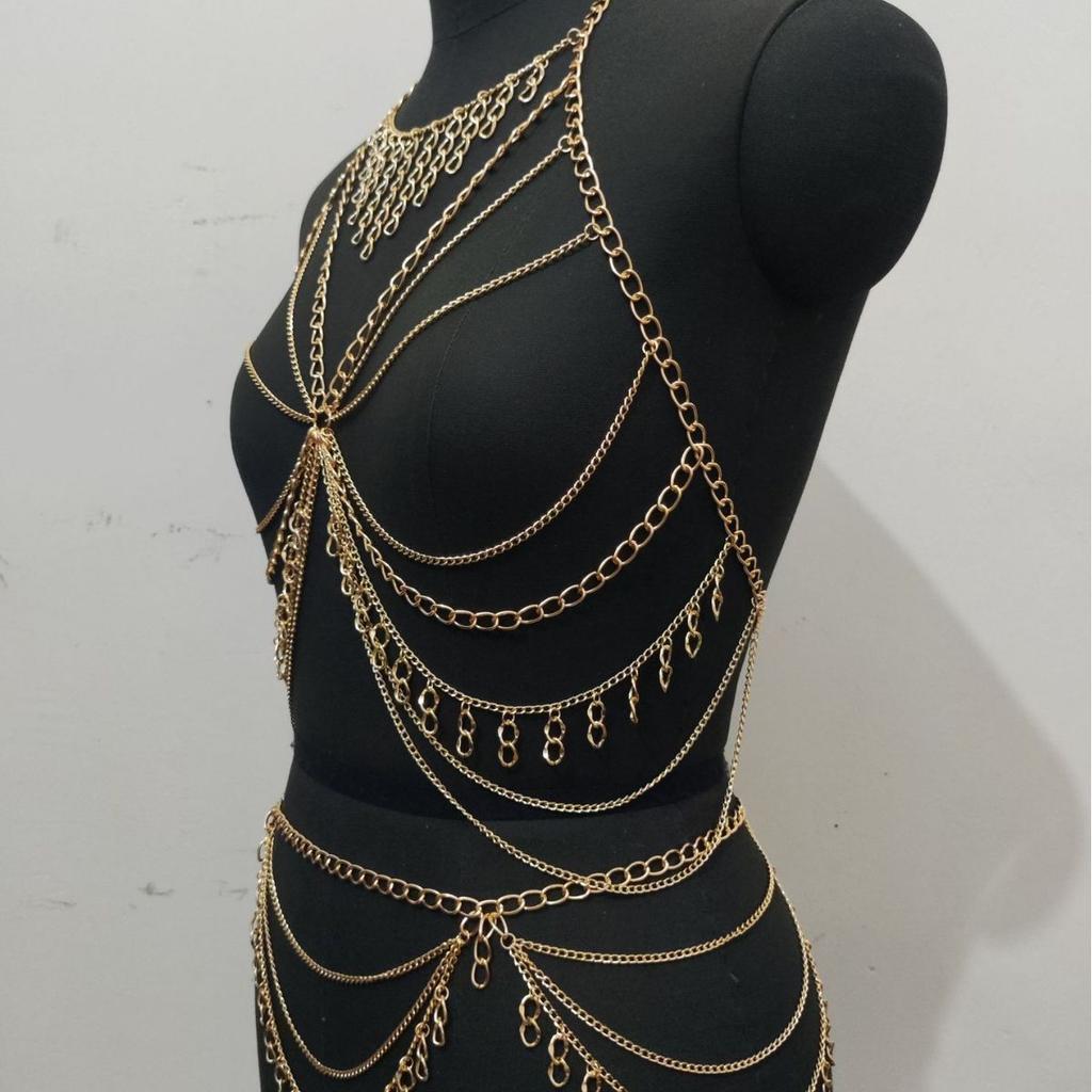 Body Chain Waist Chain Two-piece Set, Metal Chain Multi-layer Fringed Chest Chain Waist Set Bodychai.