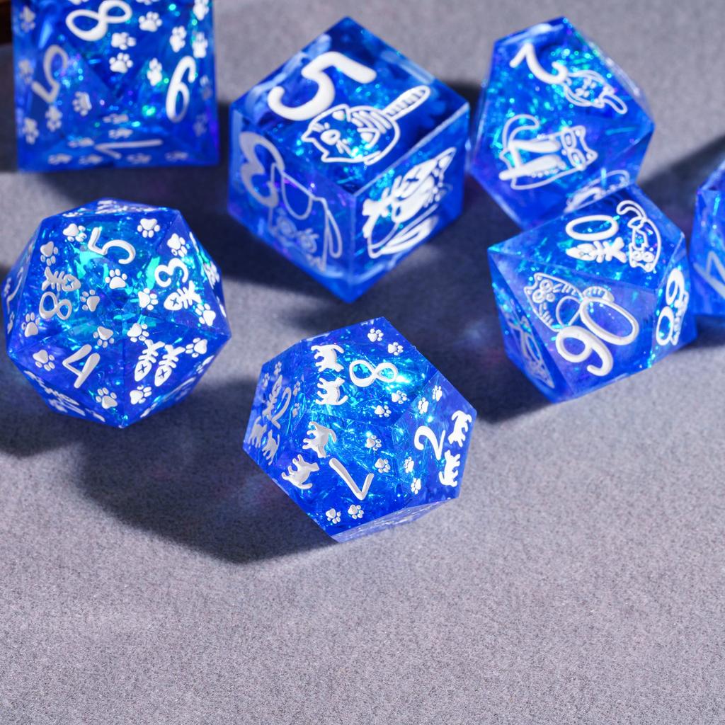 Cusdie Cat Element D&D Dice Set Sharp Edges D4-D20 Cute Cat Claws Fish Pattern Handcrafted Polyhedral Dices for RPG Board Games