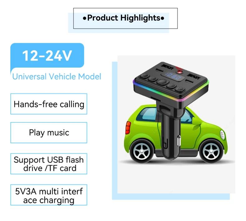 Autoladegerät FM-Transmitter Bluetooth 5.4 PD Typ-C Dual-USB Umgebungsplayer Freisprecheinrichtung MP3-Ladegerät Typ-C Kabellos mit Umgebungslicht