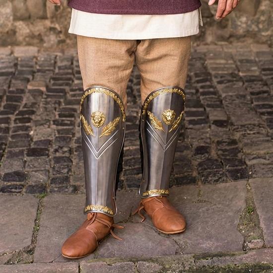 Средневековые стальные поножи с мотивом золотого льва Ренессансные поножи для ног LARP Воинские защиты Фэнтезийный Рыцарь Косплей Костюм Римский стиль