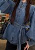 Retro Light Luxury Denim Top with Tie-Waist and Lantern Sleeves