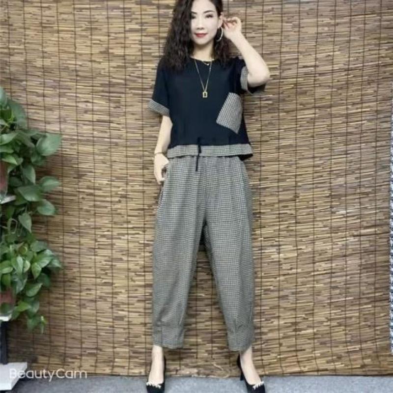 Sommer Trend T-Shirts Sets Damen Koreanischer Stil Persönlichkeit Tasche Kariert Kurzarm T-Shirt Lässige Hose Baggy Hose 2-teiliges Set