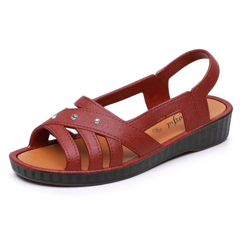 Women's Summer Flat Sole Peep Toe Beach Sandals Shallow Slip On Hollow Out Lightweight Non Slip Middle Aged And Elderly Sandal