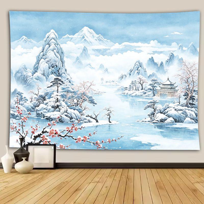 Minimalist Zen Winter Scene Wall Tapestry Polyester Tapestry Wall Hanging Tea Room Living Room Artistic Home Decor
