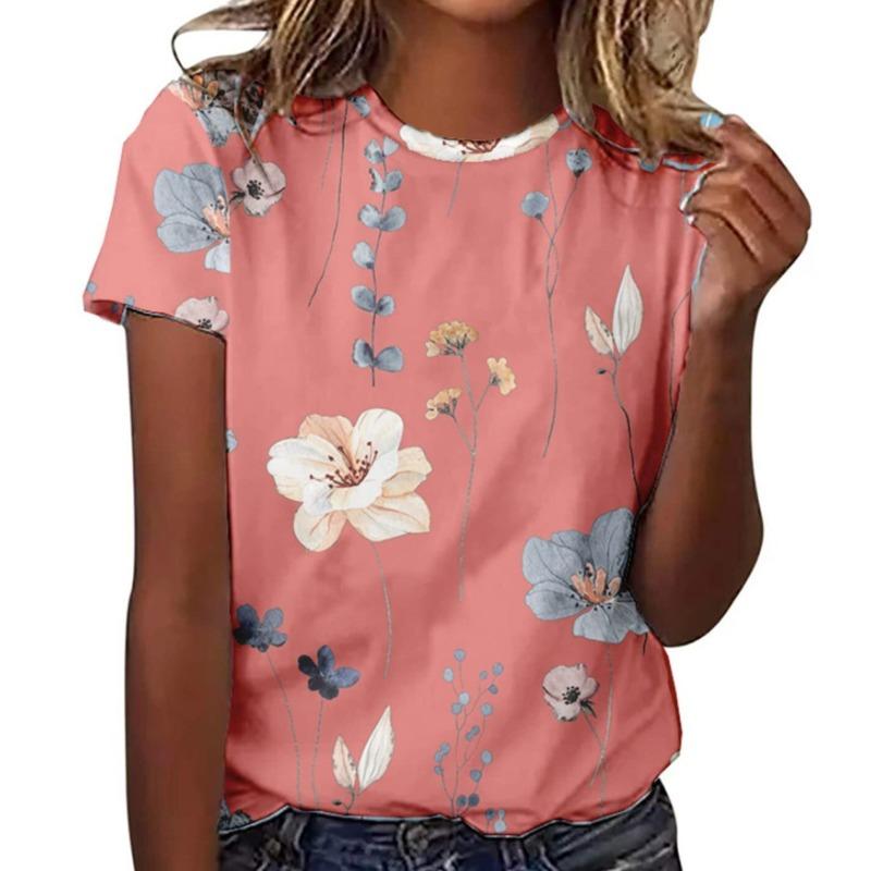 Summer Round Neck 3D Floral Pattern Printed Top Fashionable Casual Short Sleeved Women's T-shirts