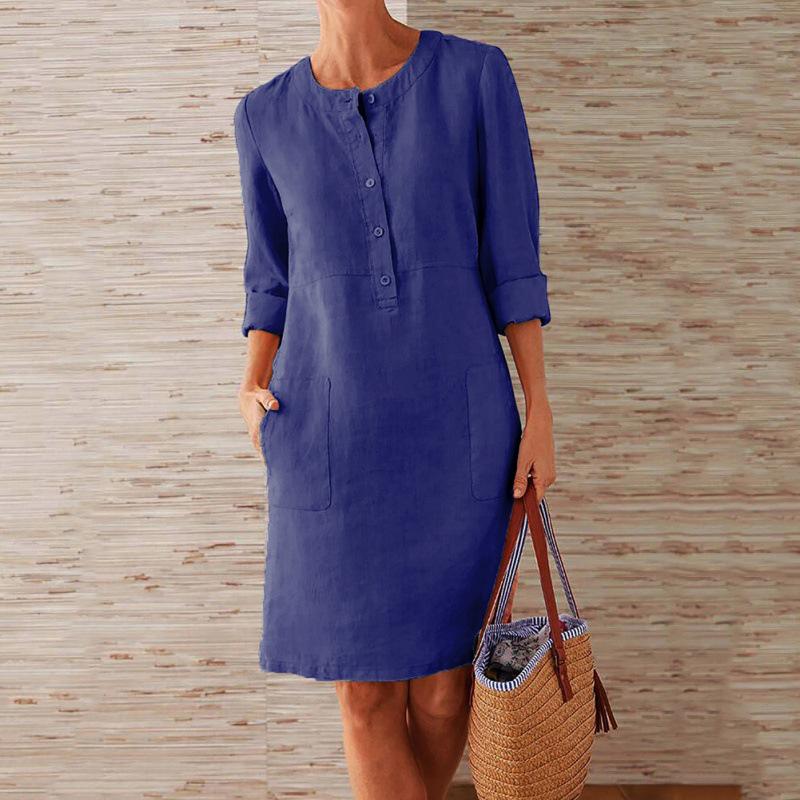 Plus Size Women s Cotton Linen Long Sleeve Round Neck Dress 2XL