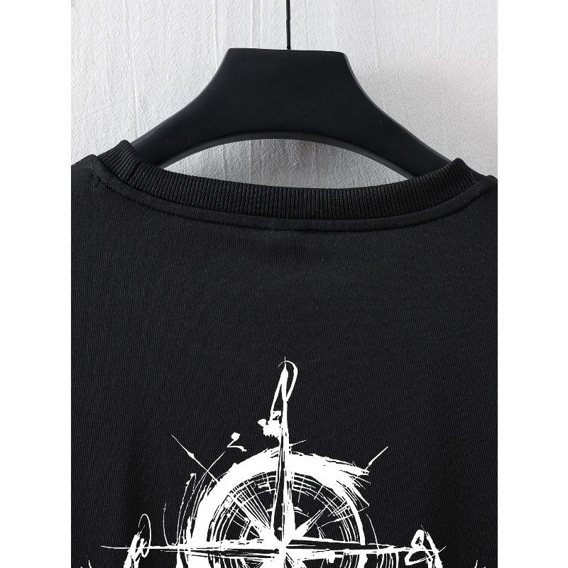 European sizes Men's Y2K Compass & Raven Print T-Shirt - Loose Fit Round Neck Short Sleeve Summer Top, Breathable Casual Shirt Suitable