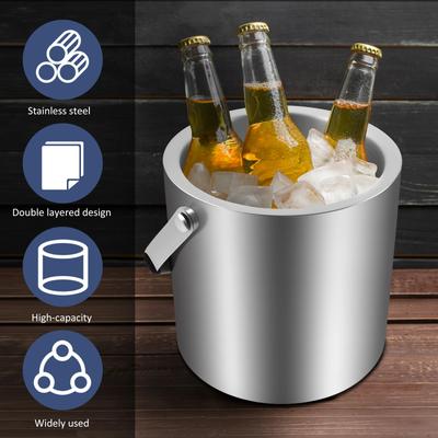 3L Double Tier Ice Bucket with Lid for Party Stainless Steel Insulated Ice Container with Scoop Tong Strainer for Bar Picnic