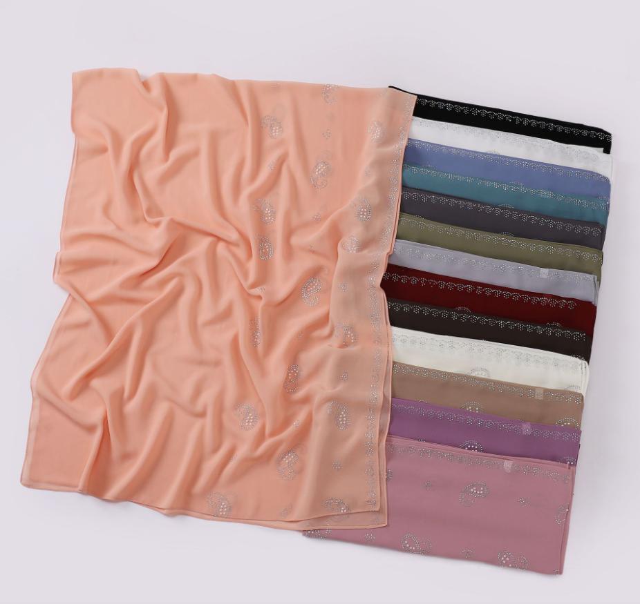 Fashion Muslim Chiffon Hijab With Rhinestones Diamonds Solid Headscarf Wraps Ramadan Islam Scarf For Women Turban Headband