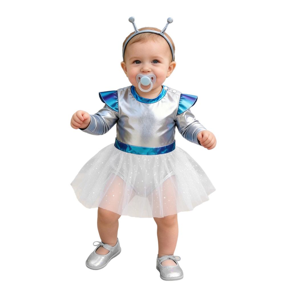 Dívčí Cosplay Šaty Mimozemšťan Dlouhý Rukáv Zapínání na Knoflíky v Rozkroku Flitrovaný Tyl Metalické Barevné Bloky s Čelenkou pro Tematickou Párty