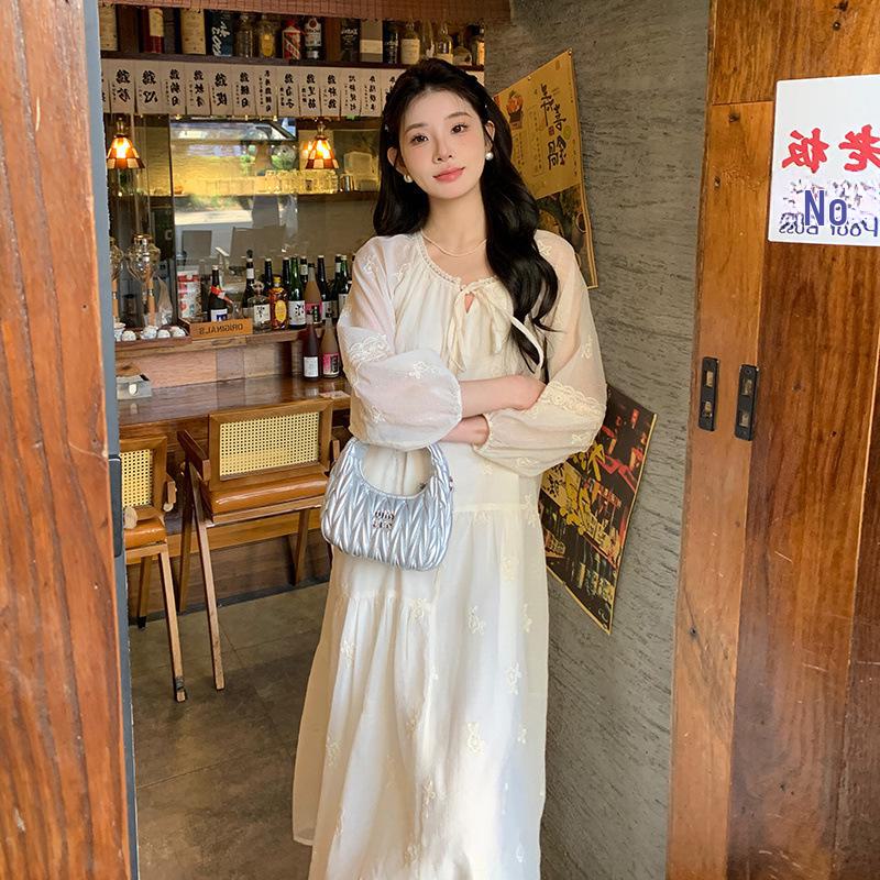 V-Neck Lace-Up Embroidered White Petite Dress