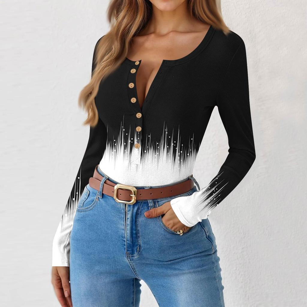 Damen Slim Bottom T-Shirt Mode Lässig Farbverlauf Druck Rundhals Pullover Langarm Top