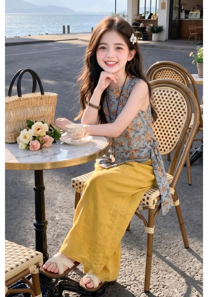 Mädchen-Tanktop mit Blumenmuster, ärmellos, und Hose mit weitem Bein, Set (Sommer 2026) - Stylisches zweiteiliges Set für ältere Kinder