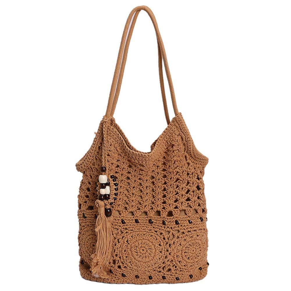 

Simple Bohemian Crochet Tote Bag with Bead Fringe Charm Hollowed Out Boho Weave Bag Large Capacity Handbag Knitted Bag Beach хакі