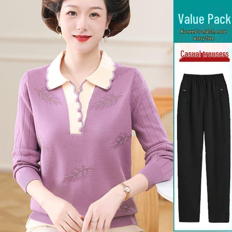 Mamčin jarně-podzimní pletený svetrový set: Volný top s ohrnovacím límcem pro ženy středního věku a starší