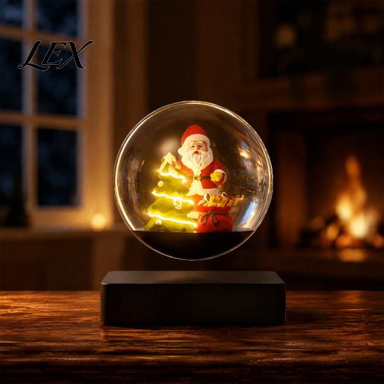 Holiday Gift for Home Office Magnetic Levitation Santa Claus Ornament, Floating Lighted Christmas Tree with Rotating Ornament Tabletop Base