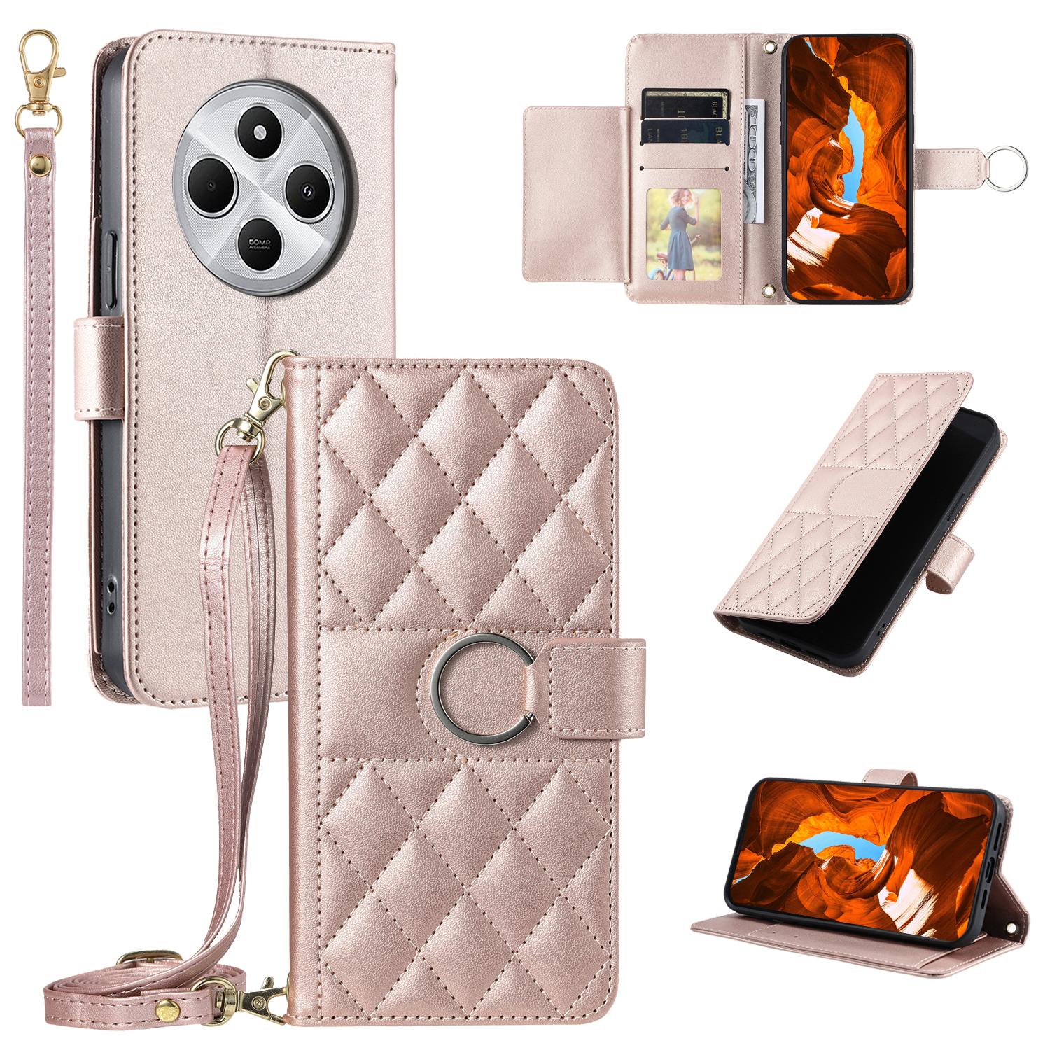 

Crossbody Leather Case for Xiaomi Redmi A3 Pro 4G/Poco C75 4G/Redmi 14R 5G/14C 4G Rhombus Mobile Cover Rose Gold