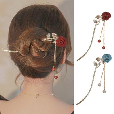 Beads Tassel Arc Design Non-Slip Hair Stick Women Cute Rose Flower Decor Hair Fork Costume Accessories