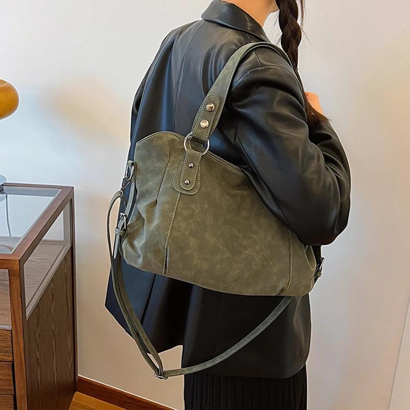 Retro Brown Nubuck Leather Messenger Bag For Women Big Travel Handbag Female Casual Simple Designer Shoulder Bag Sac A Main
