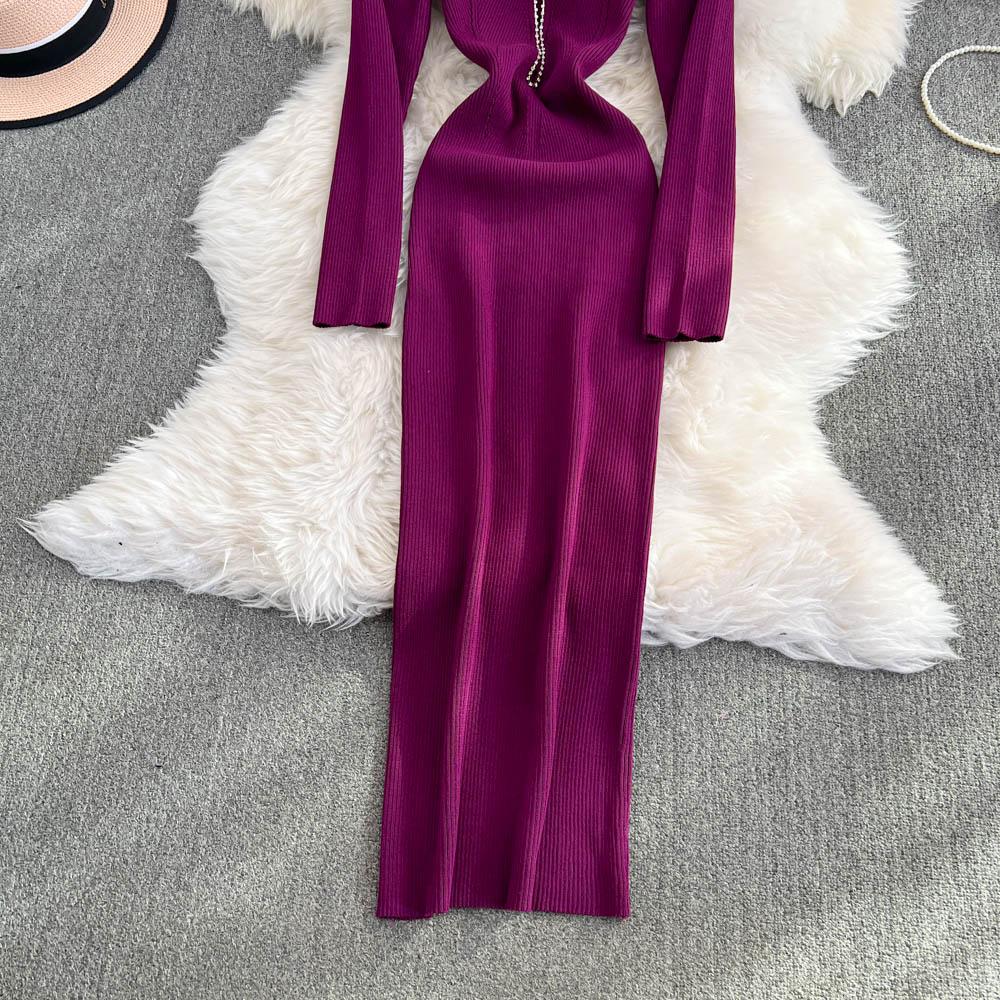 Elegantní kamínkové Tenký čtvercový výstřih bez zad Pletené tužkové šaty High Street Vintage večerní korejské sexy ženy podzimní zimní oblečení