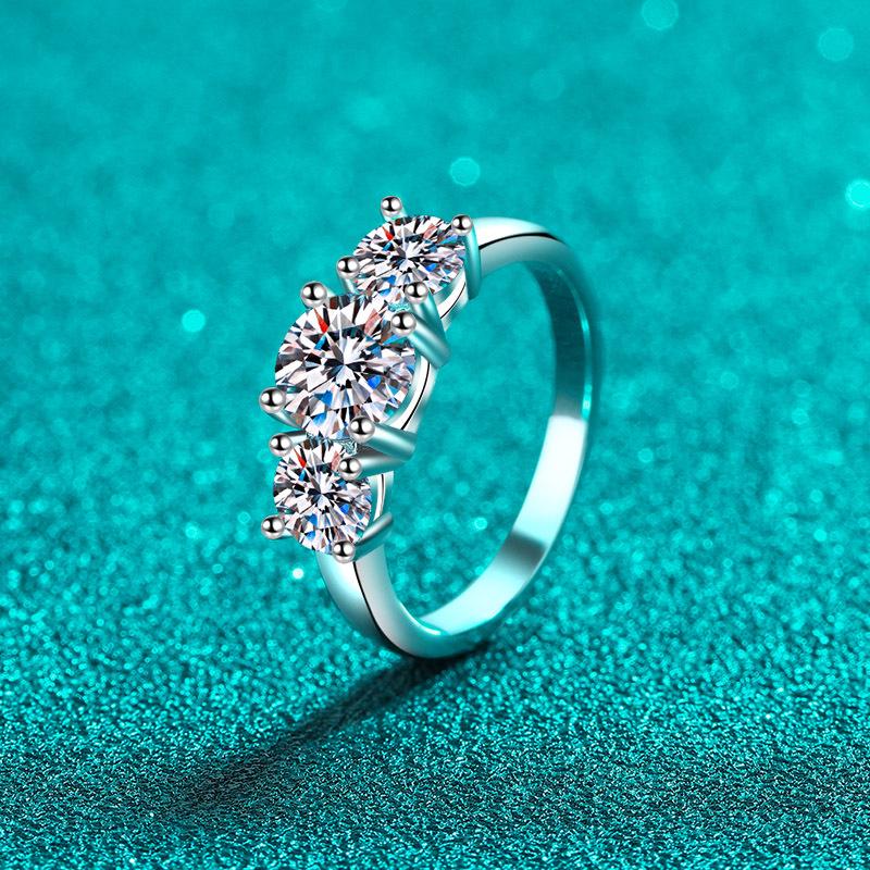 Xin Deyu S925 Sterling Silver Moissanite Three-Stone Ring for Women - European & American Fashion Style