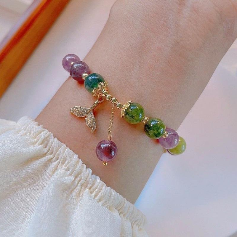 Women's Luxury Natural Stone Tourmaline Bracelet with Whale Tail Tassel Pendant - Seven-Color Handcrafted Jewelry Gift for Girlfriend