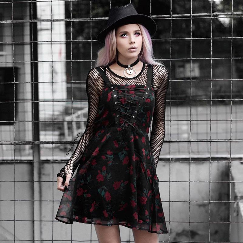 Gotické šaty pro ženy, tmavě hnědé síťované šaty s potiskem, dvoudílná sada, podzimní nová krátká sukně s vysokým pasem