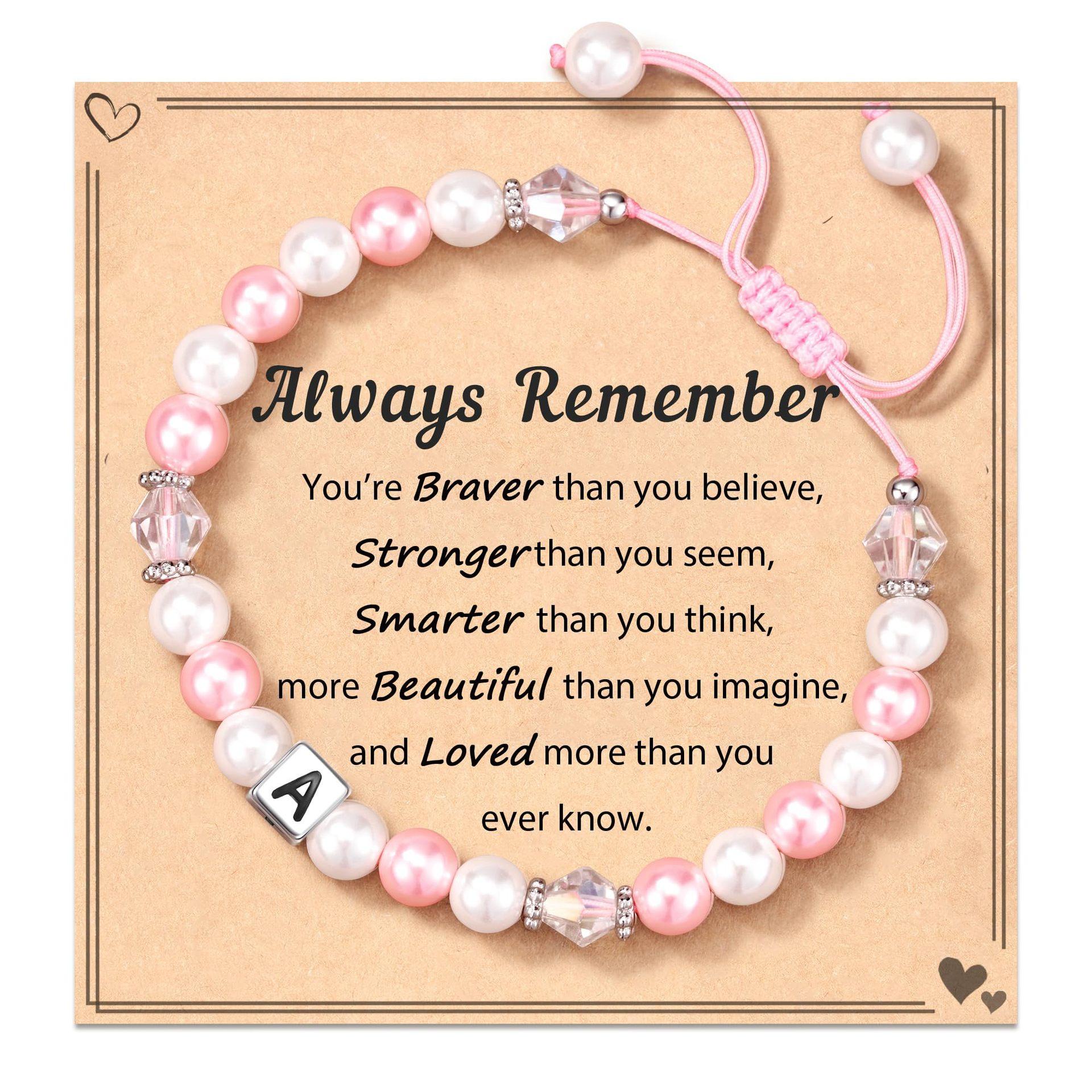 

Handwoven Pearl Bracelet Rhombus Beaded Stainless Steel Square Letter Engraving Pink Pearl Letter Bracelet
