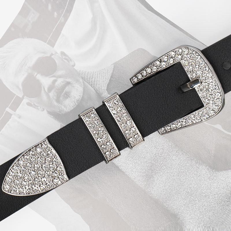 Womens Black PU Leather Belt With Rhinestone Decor Alloy Buckle Y2K Chic Waist Accessory Jeans Casual Office Wear