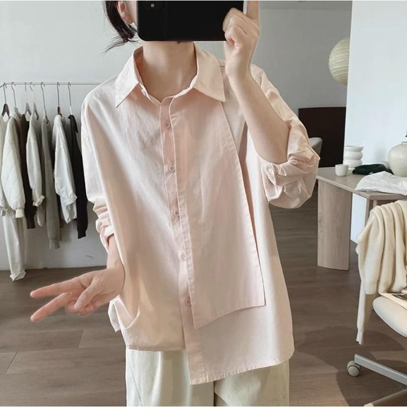 Cotton Shirt Women's New Spring Autumn Loose Korean Style Simple Design Irregular Top