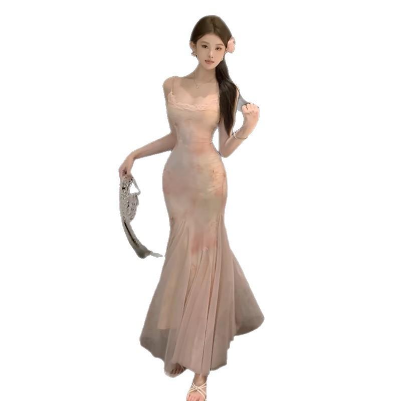 Pure Desire Wind Floral Mesh Suspender Dress Women's Summer Temperament Waist Seaside Vacation Hip Fish Tail Long Skirt