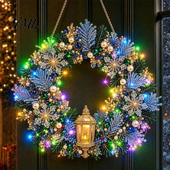 DIY Heimurlaubsdekoration Acryl Weihnachten Kunstperlen Aufhänge-Set, Beleuchteter Kranz 3D Perlen Bastelmalerei Set Kit mit LED-Lichterkette,