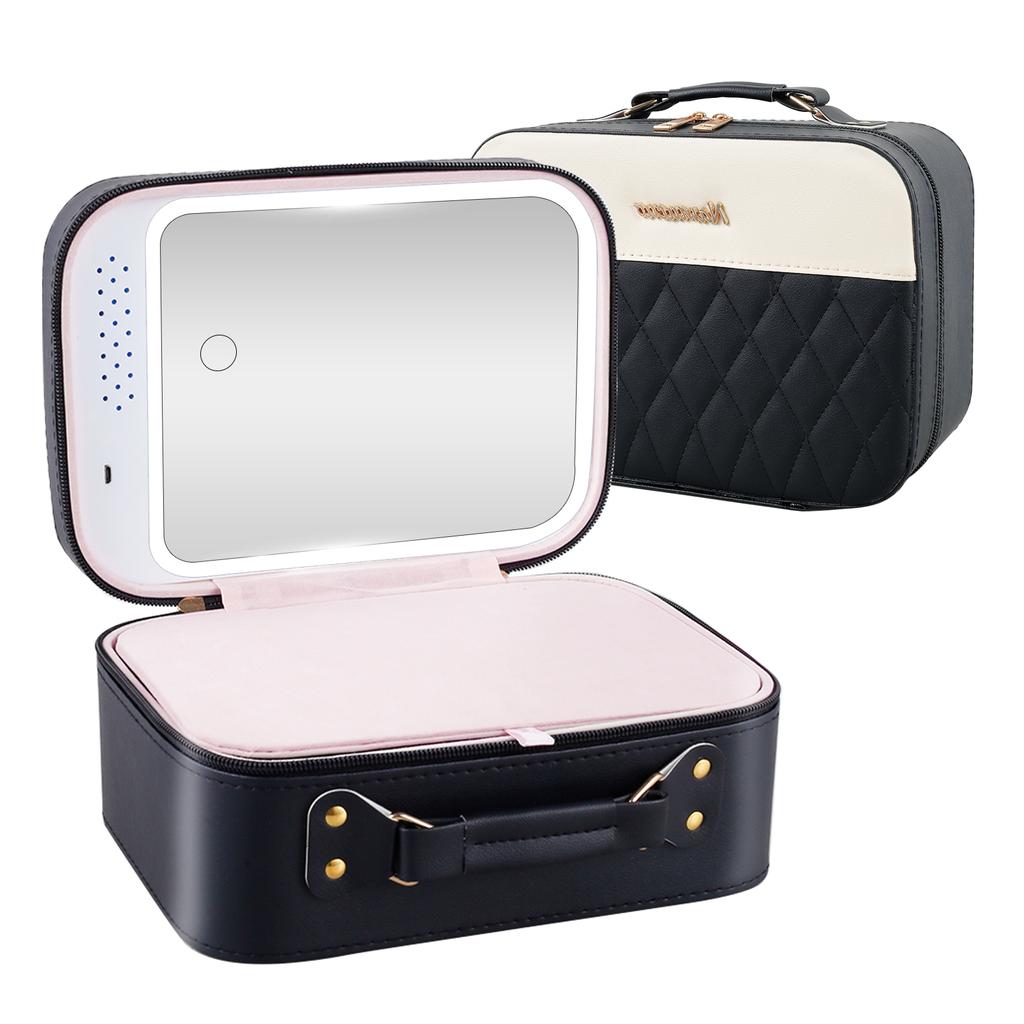 Estuche Cosmético Iluminado con LED Espejo Bolsa de Almacenamiento de Maquillaje Portátil Viaje Impermeable Cuero PU Luminancia Ajustable Gran Capacidad