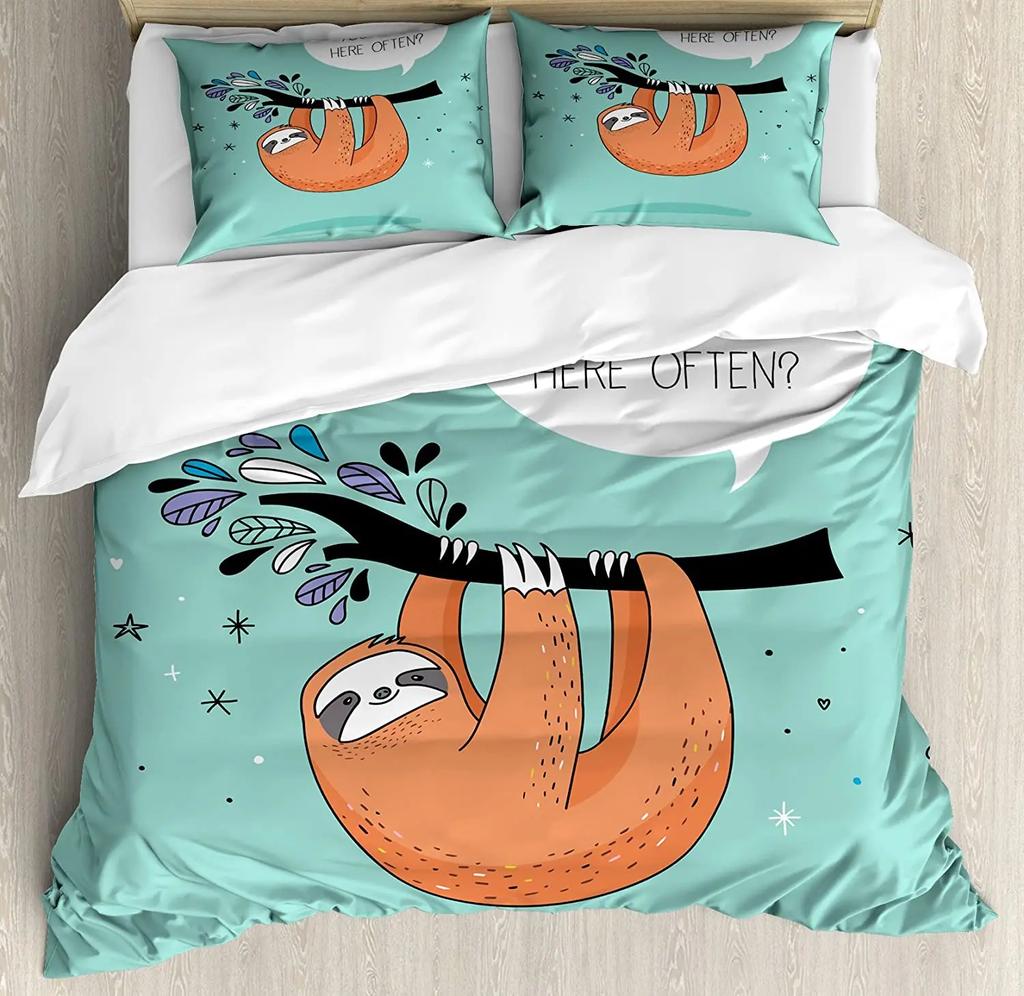 Sloth Bedding Set For Bedroom Bed Home Cartoon Mammal on Tropical Jungle with Green Banana Duvet Cover Quilt Cover Pillowcase