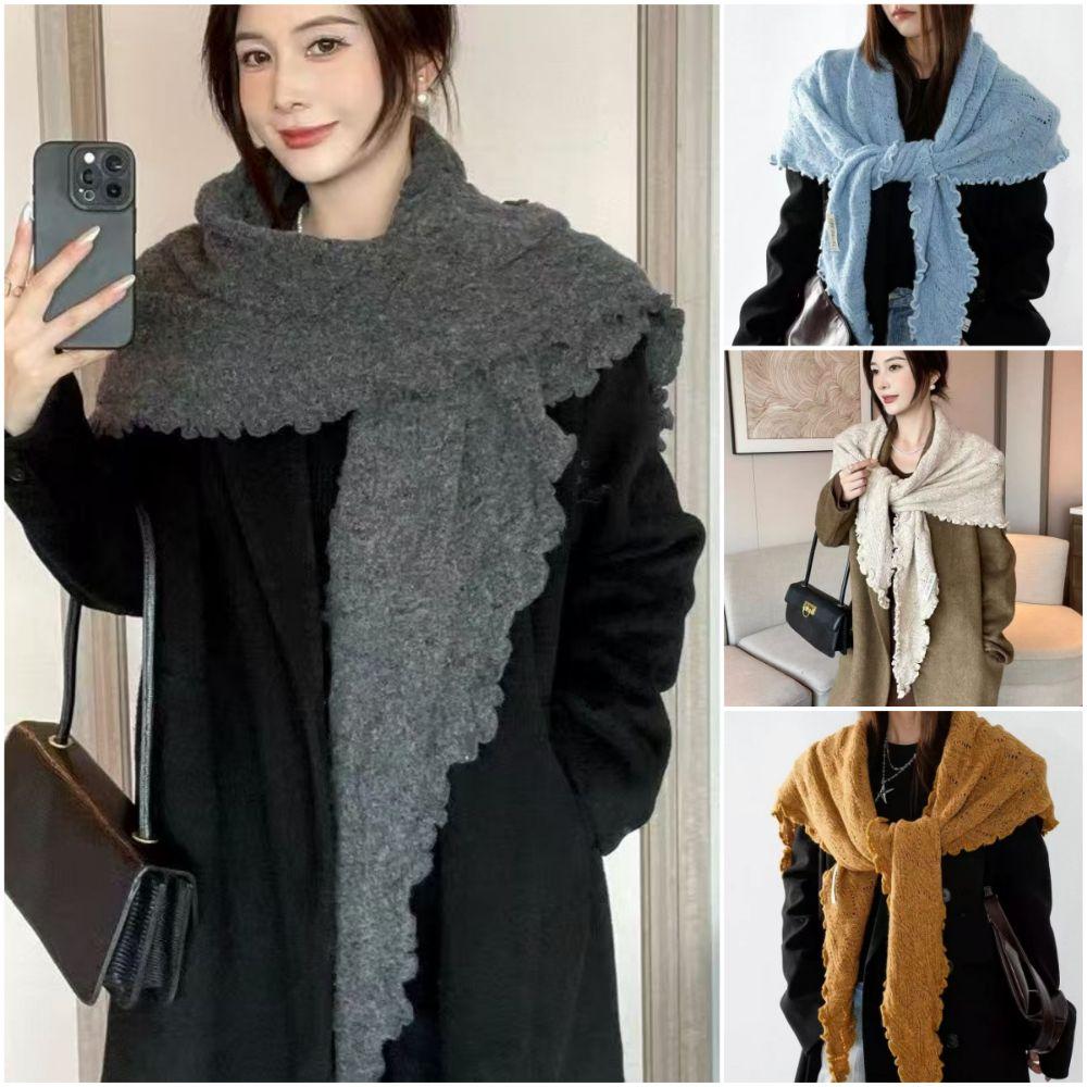 Ruffled Edge Knitting Scarf Soft Breathable Hollow Scarf Triangular Scarf Spring Autumn Winter