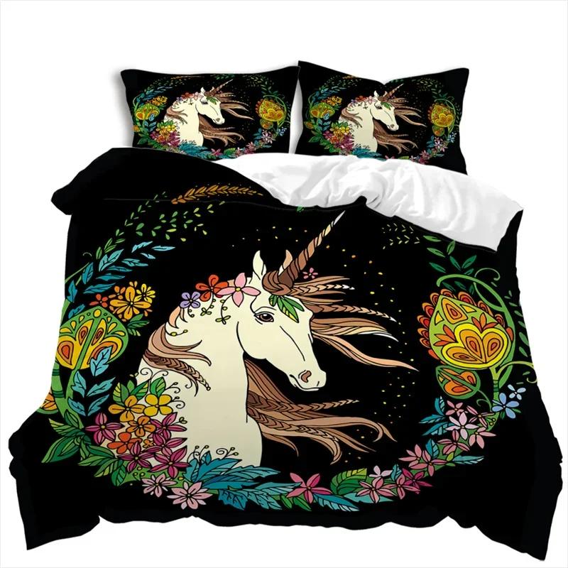 

Cartoon Unicorn Duvet Cover Set Romantic Theme Floral Bedding Set Microfiber Kawaii Comforter Cover Twin King For Kids Girls EU Single(135*200cm)3pcs