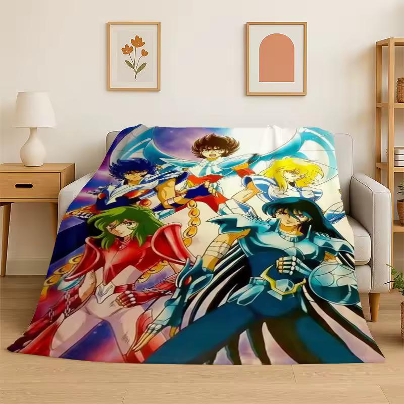 Retro Saint Seiya Anime Cartoon Flannel Blanket Soft Warm Throw Blanket for Bedroom Living Room Bed Travel Camping Picnic Gift
