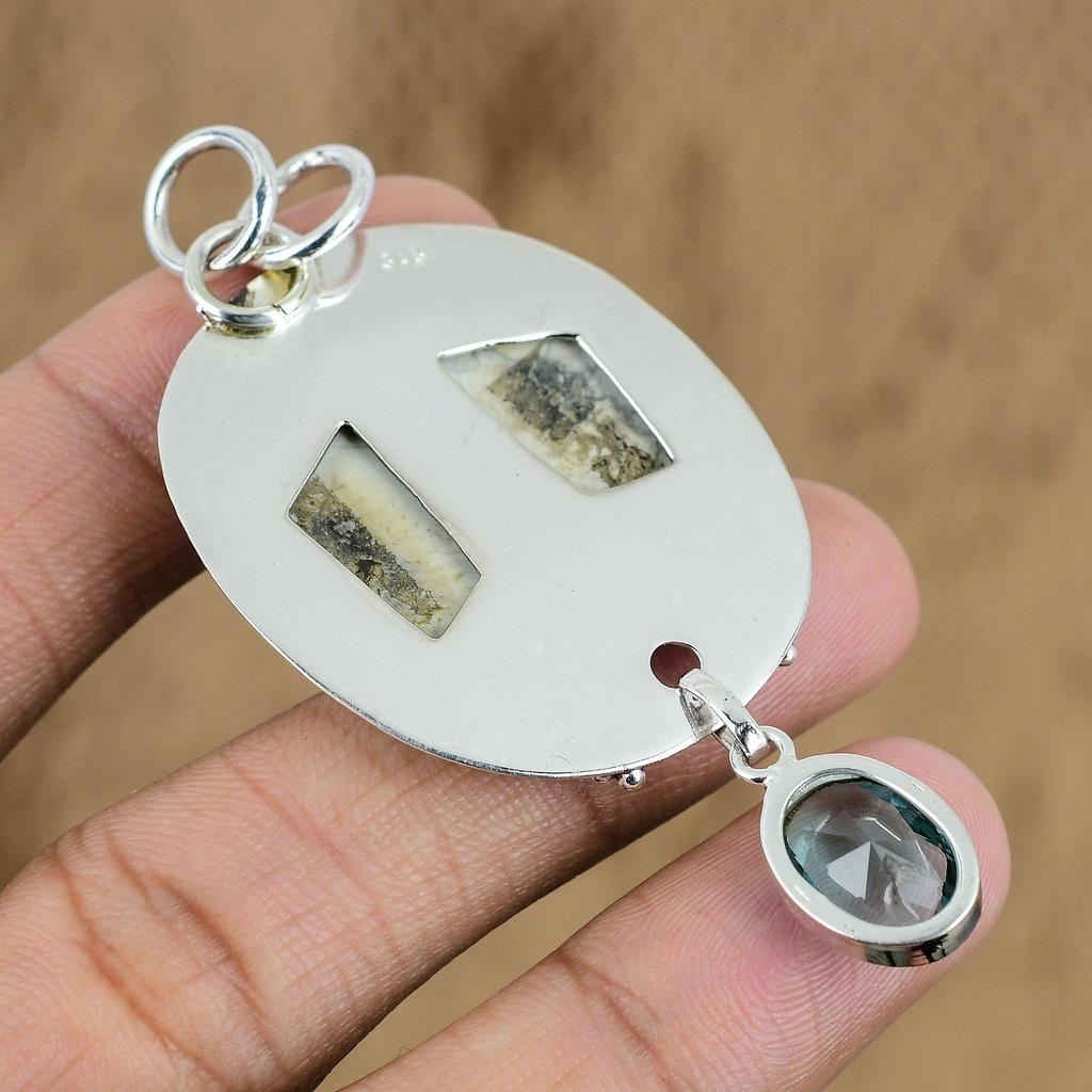 Radiant Natural Howlite Swiss Blue Topaz 925 Sterling Silver Mother Boho Pendant