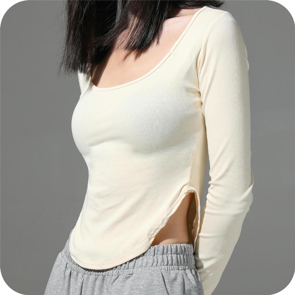 Q New Round Neck T-shirt Women Slit Bottom Circular Design Sense of The Public Bare Collarbone Slim Top Base Shirt