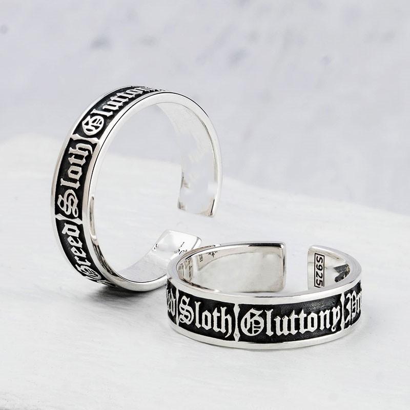 Adjustable Open Ring Men Women Vintage Punk Geometric Sterling Seven Deadly Sins Design Hip Hop Statement