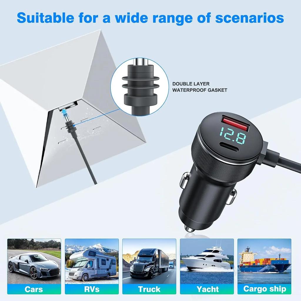 For Starlink Charger USB Type C Cigarrete Lighter Car Charger 12V-24V Vehicles 2M Digital Voltmeter Waterproof Extension Cable