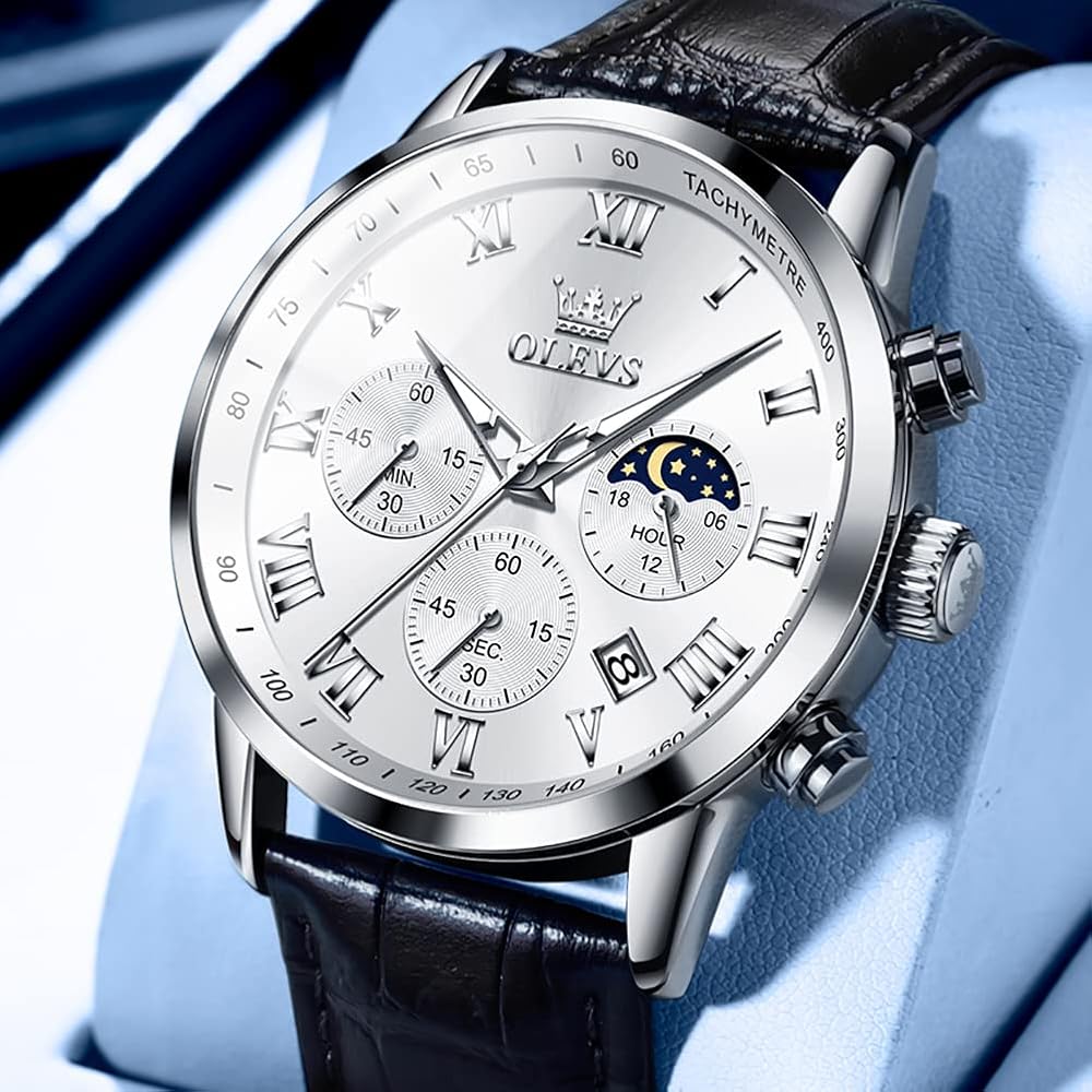 Olevs Men's Chronograph Waterproof Analog Watch Black Leather Strap Date Display Fashion Timepiece White Dial