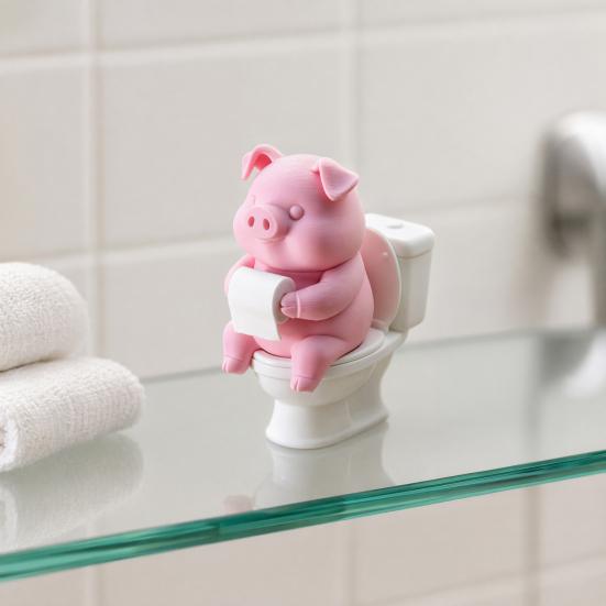 Lichtbeständige 3D-Druck niedliche Schweinefigur auf der Toilette, Lustige Badezimmer-Schreibtisch-Dekoration mit papier Stoßfeste Statue Rolle, Humorvolle Skulptur für